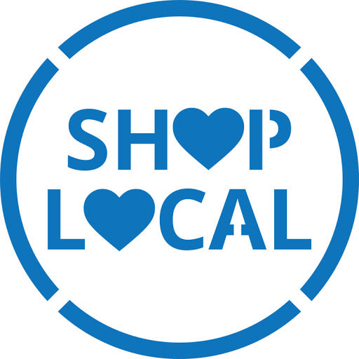 A blue circle with the words Shop Local inside