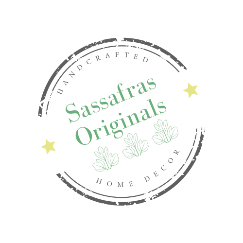 The store logo for Sassafras Originals features 3 small leaves and the words Handcrafted Home Decor