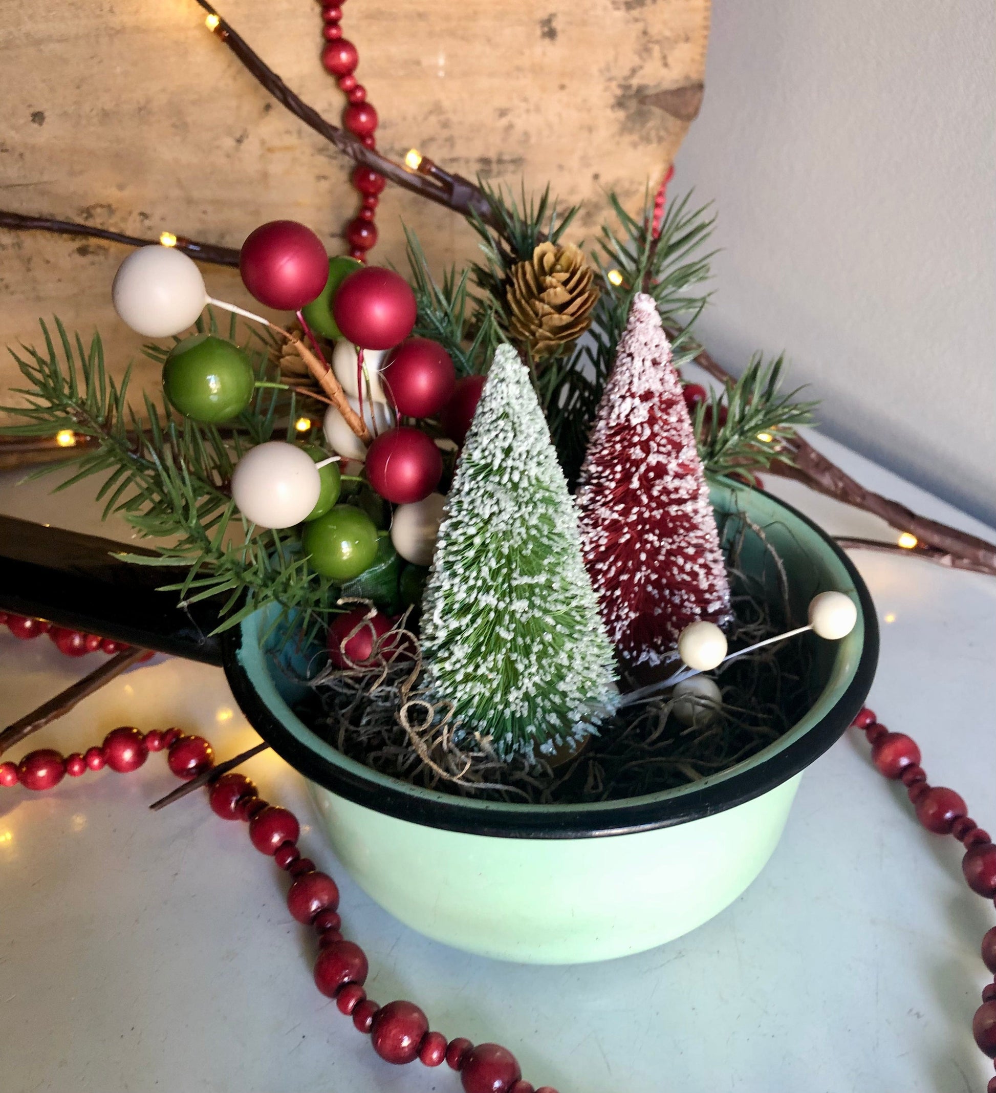 Mint Enamelware Pot with Trees Mint Enamelware Pot with Trees Seasonal & Holiday Decorations Sassafras Originals