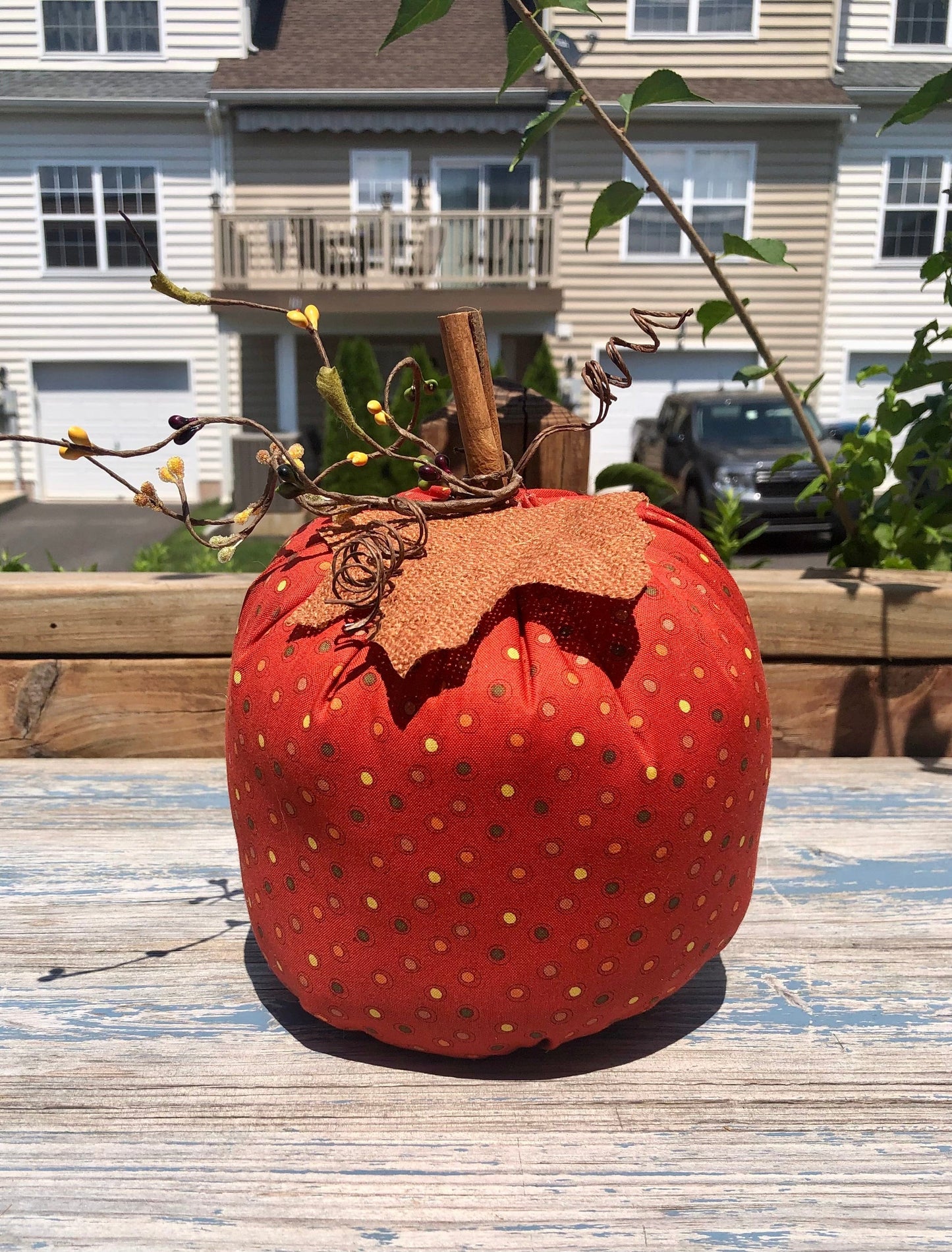 Pumpkins- Hand-stitched, Stuffed Red-Orange with polka dots Decor Sassafras Originals