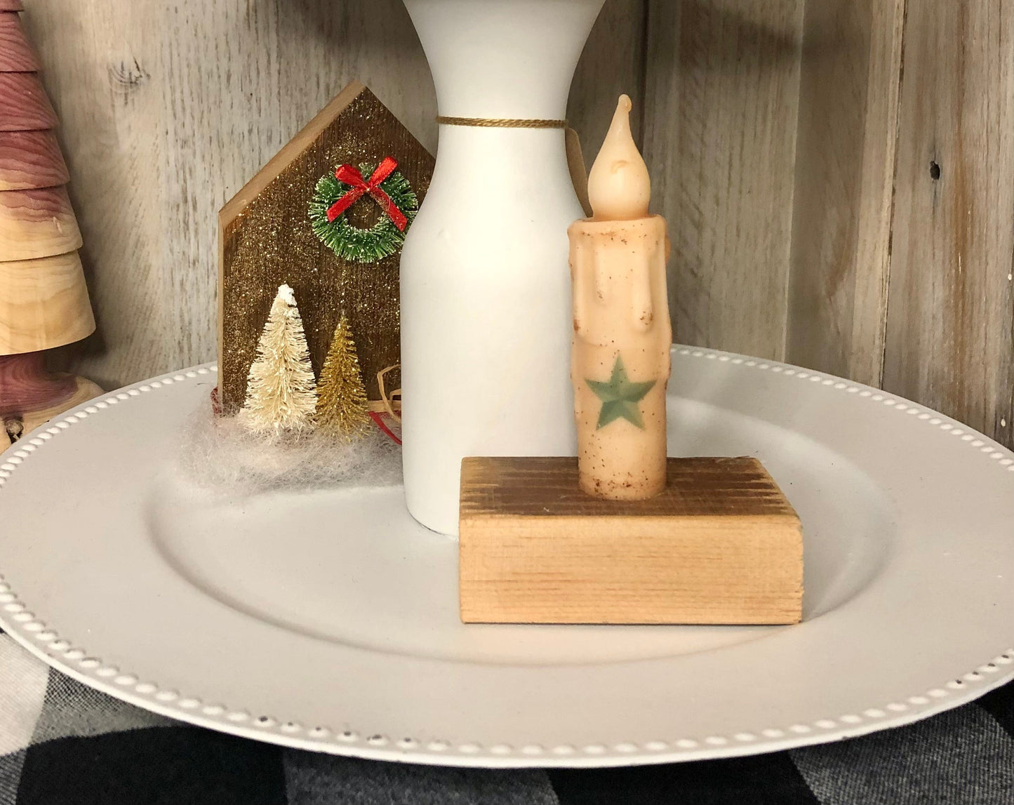 Taper Candle with Star and Wood Base Sassafras Originals